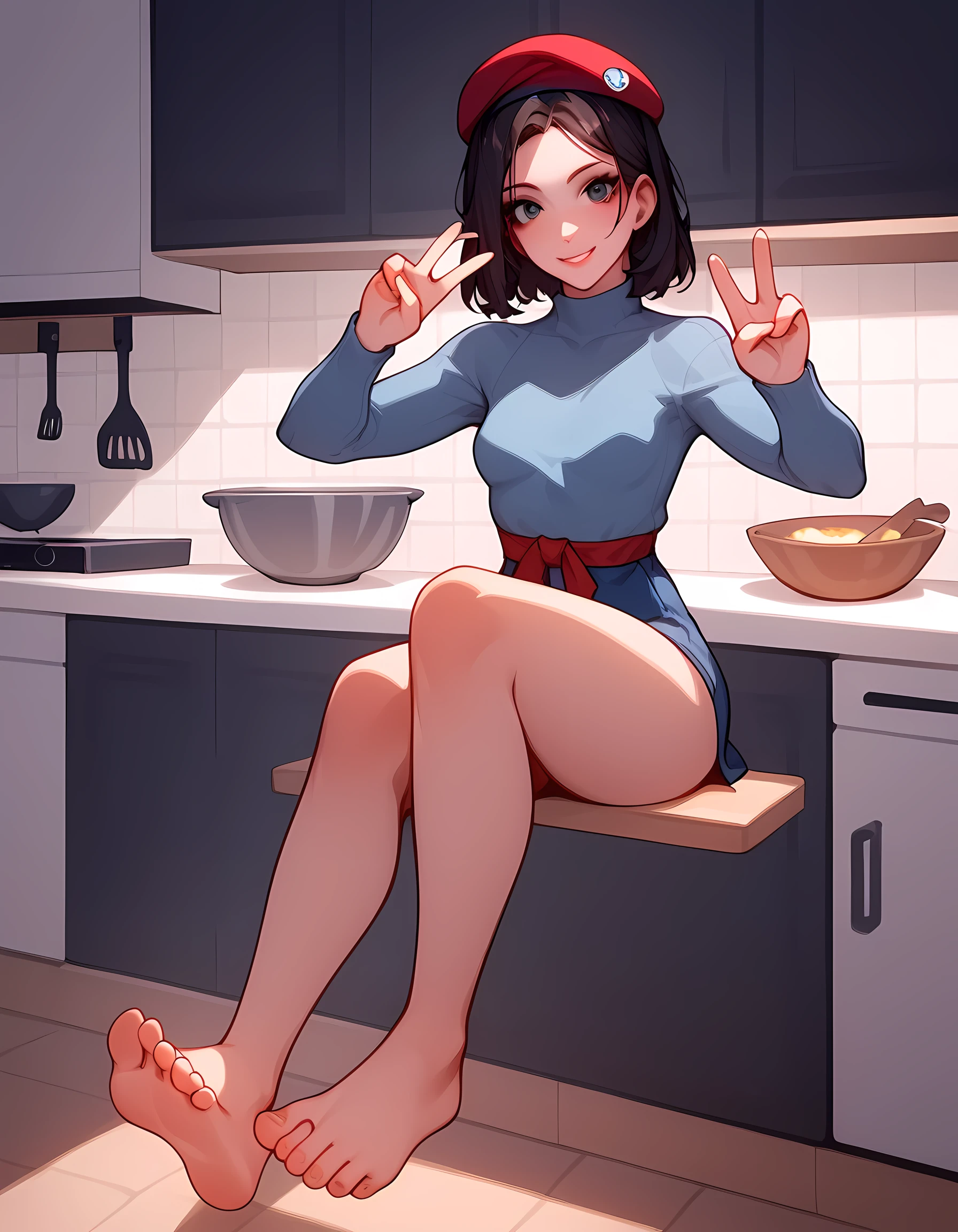  score_8_up, female v sign, beret, small breasts, tied hair, medium hair, black hair, kitchen, feet