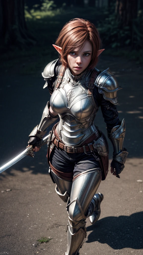 8K, Best Quality, Masterpiece, Ultra High Resolution,(Ultra-detailed face, Eyes wide open:1.3), (Full Body:1.3), (highly detailed CG unity 8k wallpaper), (best illustration), (best shadows), isometric 3D , octane rendering, ray tracing, highly detailed, an elf in shiny metal armor fights with a sword, red short hair, looking into camera