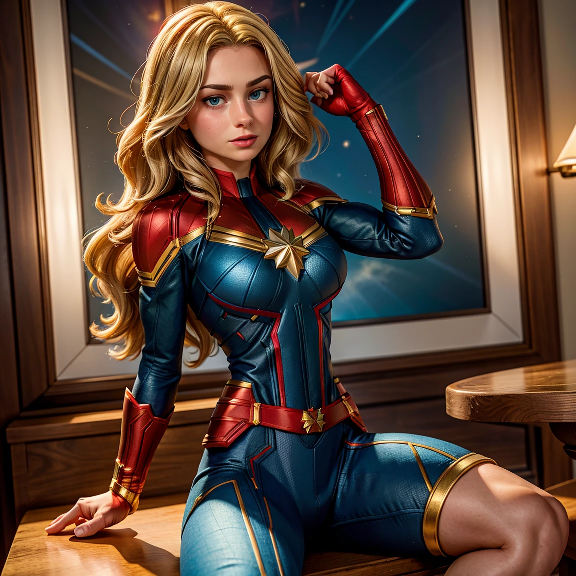 8K, Ultra HD, super details, high quality, high resolution. The Captain Marvel heroine looks beautiful in a full-length photo, her body is sculptural, her long straight blonde hair shines in perfect combination with her white skin, her bright blue eyes mesmerize everyone. The upper part of the uniform is blue, with red and gold details that create an interesting visual contrast, the lower part of the uniform is predominantly red, Captain Marvel's boots are red and gold, complementing the heroic look of the uniform. she looks very sexy, drawing attention to her big breasts and thick legs.