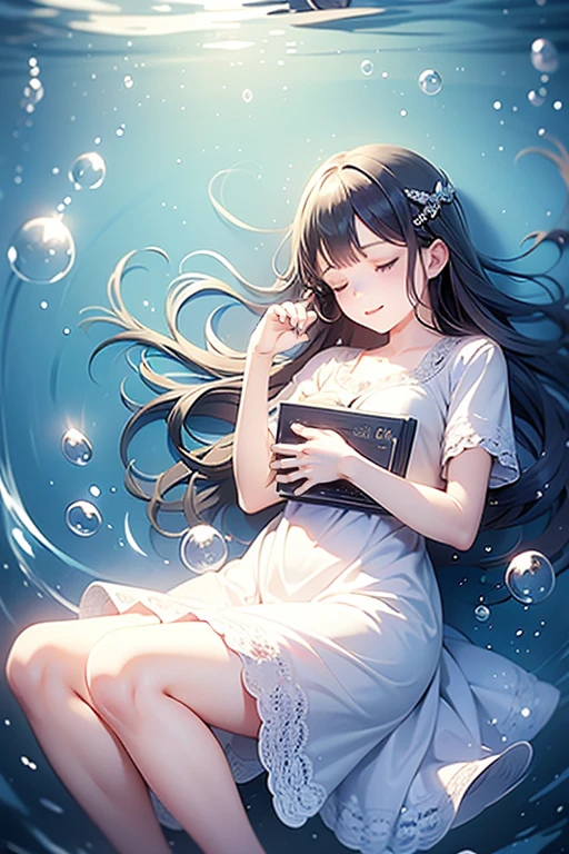 ((In the water))、((Multiple Bubbles))、((A girl sleeping curled up in the middle))、((The girl is wearing a dress))、((The girl is holding a big book))、The girl&#39;s legs are thin、Just two