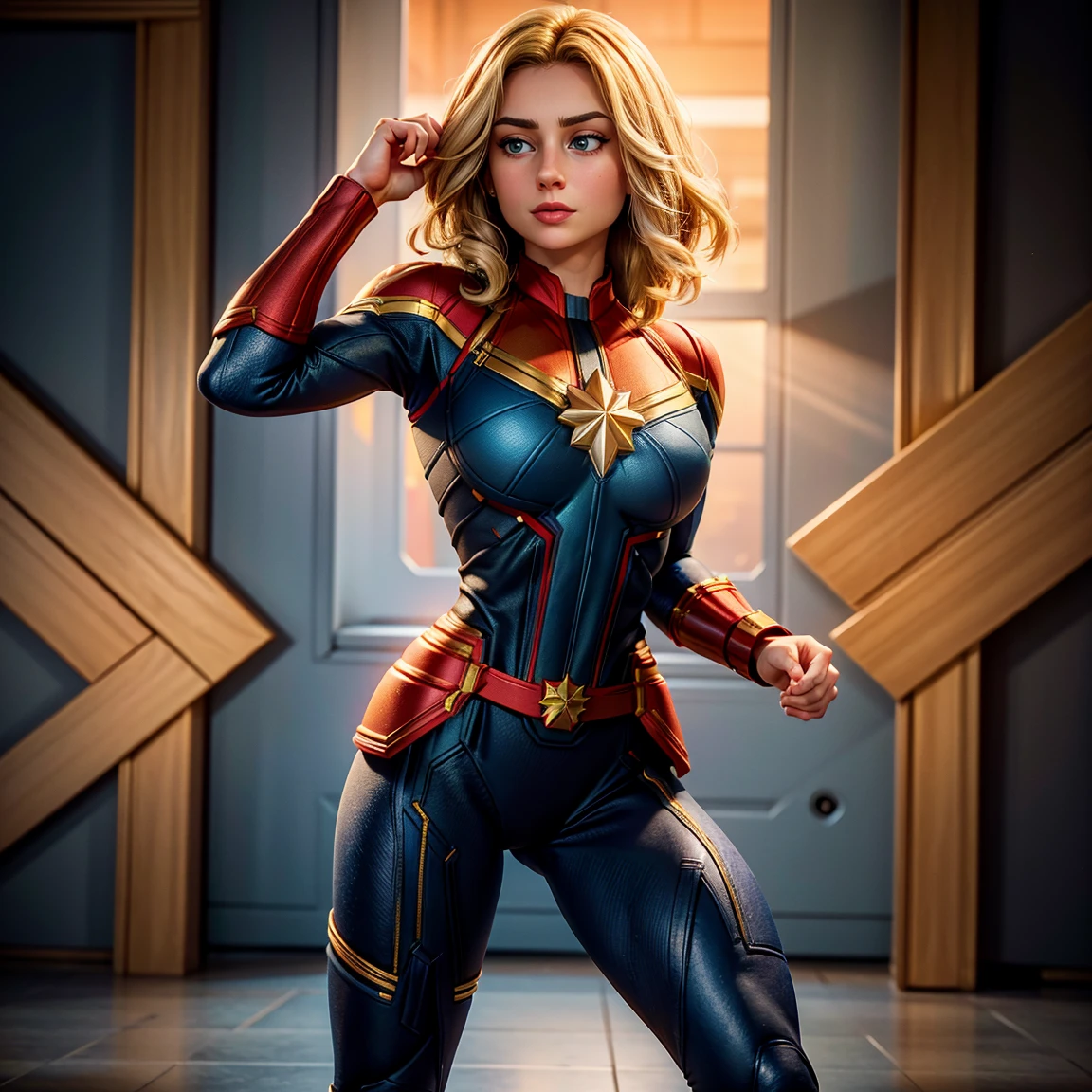 8K, ultra alta definición, súper detalles, alta calidad, Alta resolución. La heroína Capitana Marvel se ve hermosa en una foto de cuerpo entero, su cuerpo es escultural, su largo cabello rubio lacio brilla en perfecta combinación con su piel blanca, sus brillantes ojos azules hipnotizan a todos. La parte superior del uniforme es azul, con detalles rojos y dorados que crean un contraste visual interesante, la parte inferior del uniforme es predominantemente roja, Las botas de Capitana Marvel son rojas y doradas, complementando el look heroico del uniforme. ella se ve muy sexy, llamando la atención sobre sus grandes pechos y piernas gruesas.