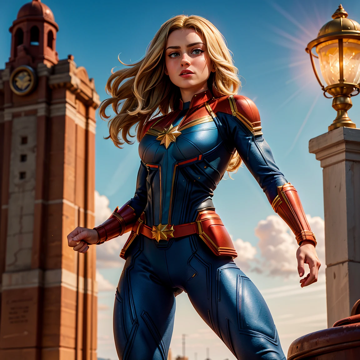 8k, Ultra HD, super détails, Haute qualité, haute résolution. L&#39;héroïne de Captain Marvel est magnifique sur une photo en pied, son corps est sculptural, ses longs cheveux blonds raides brillent en parfaite combinaison avec sa peau blanche, ses yeux bleu vif hypnotisent tout le monde. La partie supérieure de l&#39;uniforme est bleue, avec des détails rouges et dorés qui créent un contraste visuel intéressant, la partie inférieure de l&#39;uniforme est majoritairement rouge, Les bottes du capitaine Marvel sont rouges et dorées, complétant le look héroïque de l&#39;uniforme. elle a l&#39;air très sexy, attirant l&#39;attention sur ses gros seins et ses jambes épaisses.