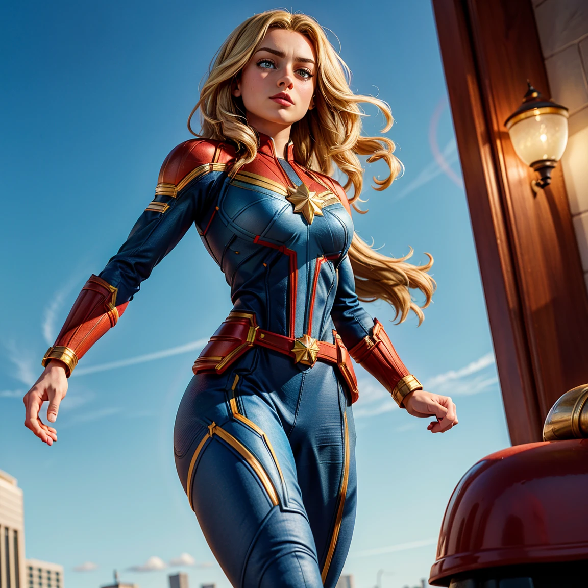 8K, Ultra HD, super details, high quality, high resolution. The Captain Marvel heroine looks beautiful in a full-length photo, her body is sculptural, her long straight blonde hair shines in perfect combination with her white skin, her bright blue eyes mesmerize everyone. The upper part of the uniform is blue, with red and gold details that create an interesting visual contrast, the lower part of the uniform is predominantly red, Captain Marvel's boots are red and gold, complementing the heroic look of the uniform. she looks very sexy, drawing attention to her big breasts and thick legs.