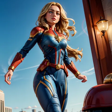 8K, Ultra HD, super details, high quality, high resolution. The Captain Marvel heroine looks beautiful in a full-length photo, h...