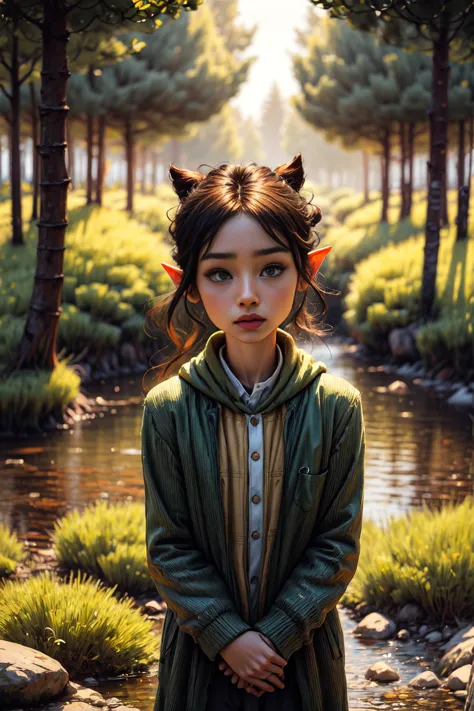un elfo adolescente hermoso con traje de elfo, fondo difuminado ,magical scene, hermoso bosque florido, con animales del bosque,...