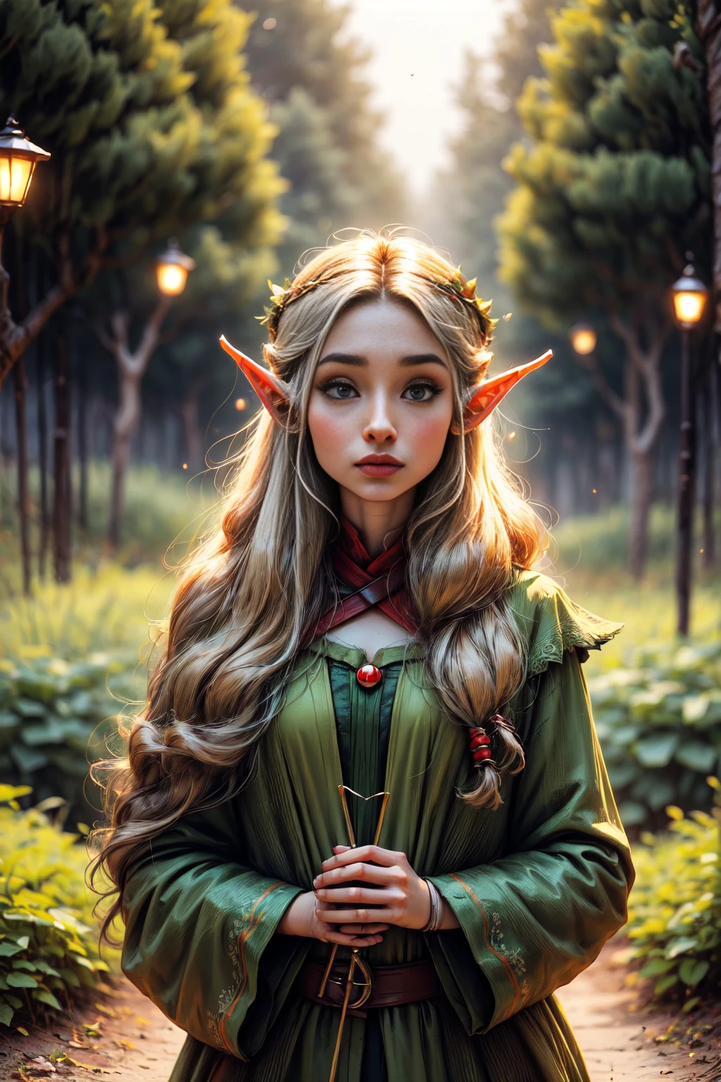 primer plano, cuerpo entero, ((a mythological teenage female elf with beautiful long hair wearing elf costume:1.3)), en su espalda lleva un arco con flechas, noche profunda ,fondo difuminado ,magical scene with halo of light, insectos luminosos, hermoso bosque florido, con animales del bosque, (mejor calidad, 4k, 8K, high resolution, obra maestra:1.2), ultra detallado, (realista, photo realista, photo-realista:1.37), warm lighting, colores vibrantes, enfoque suave, Cuento de elfos, dreamer, acogedor, adorable, lindo, caprichoso, Fancy, encantador, sereno, peaceful, inocente, reconfortante, imaginativo, action pose