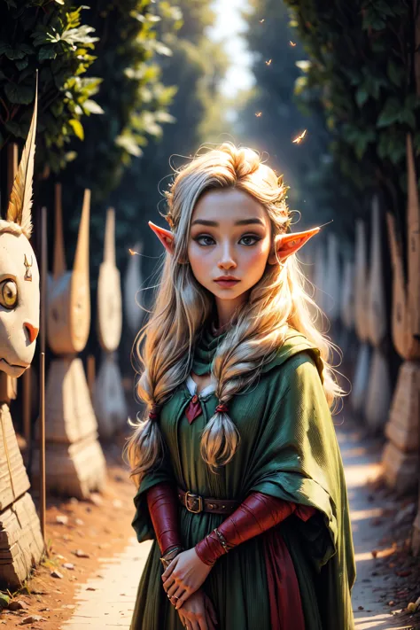 primer plano, cuerpo entero, raw photography,((a mythological teenage female elf with beautiful long hair wearing elf costume:1....