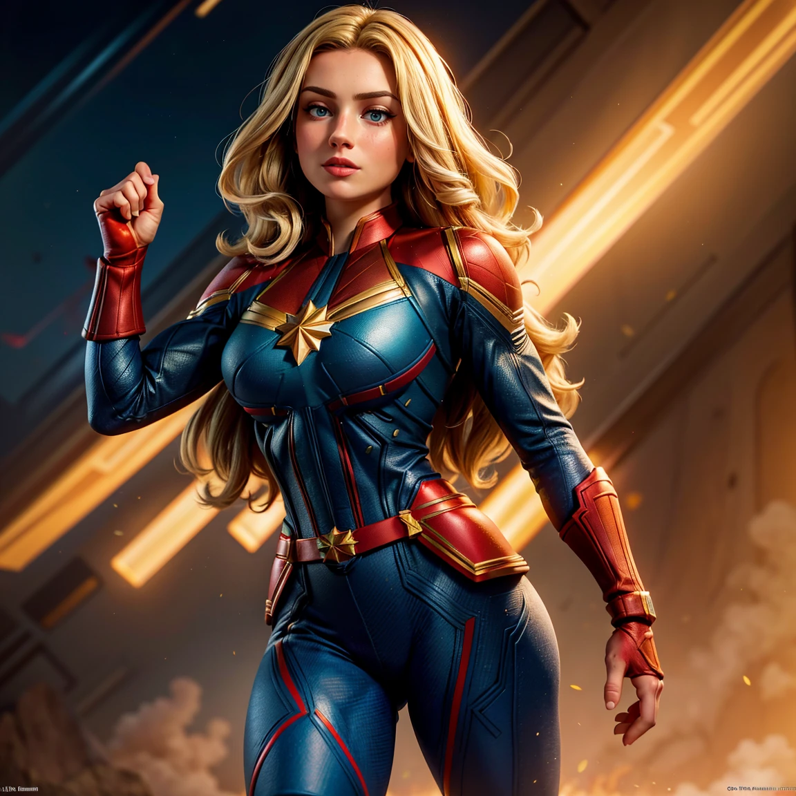 8K, Ultra HD, super Details, gute Qualität, Hohe Auflösung. Die Heldin von Captain Marvel sieht auf einem Ganzkörperfoto wunderschön aus, Ihr Körper ist skulptural, Ihr langes glattes blondes Haar glänzt in perfekter Kombination mit ihrer weißen Haut, ihre strahlend blauen Augen verzaubern jeden. Der obere Teil der Uniform ist blau, mit roten und goldenen Details, die einen interessanten optischen Kontrast erzeugen, der untere Teil der Uniform ist überwiegend rot, Die Stiefel von Captain Marvel sind rot und gold, ergänzt den heroischen Look der Uniform. sie sieht sehr sexy aus, lenkt die Aufmerksamkeit auf ihre großen Brüste und dicken Beine.