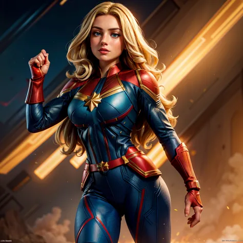 8K, Ultra HD, super details, high quality, high resolution. The Captain Marvel heroine looks beautiful in a full-length photo, h...