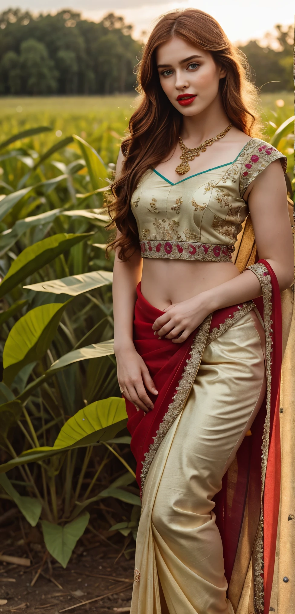 Indian Saree Porn Star - A woman in a red and gold sari posing in a field - SeaArt AI