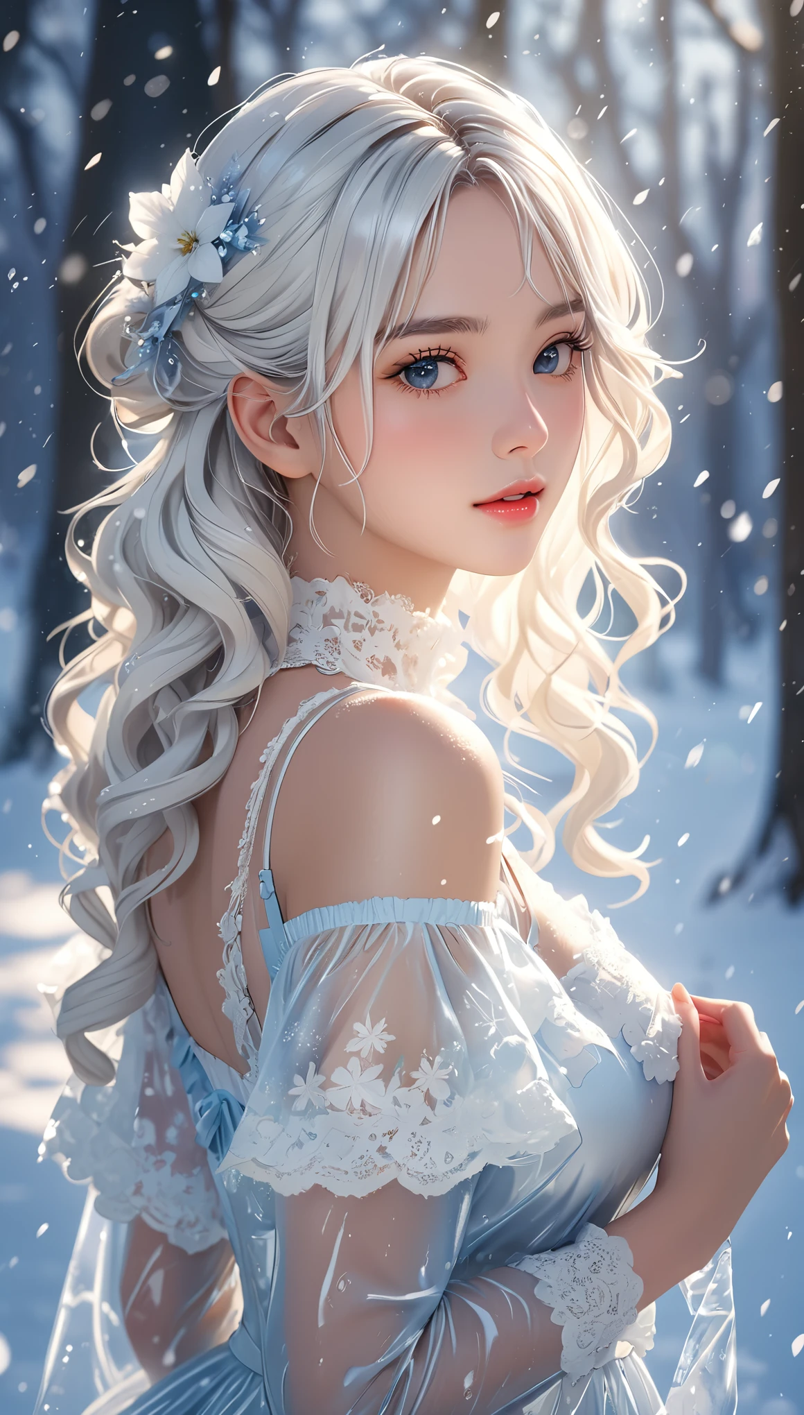 (((Obra maestra))),mejor calidad,ilustración,fondo de pantalla 4k,iluminación de película,absurdo,1 chica,(nieve,Hielo),nieve flower,en invierno,pelo blanco,cabello brillante,chinos,ropa transparente,volantes,cordón,Ropa mojada,dejar_hombro,Liga para el cabello,Obra maestra,teleobjetivo,absurdo,cara exquisita,características,luz natural,Luz tenue,(Combinación de siete partes),épico,soñador y mágico,misterio,