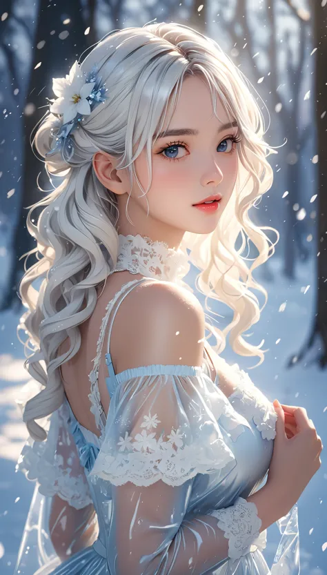 (((masterpiece))),best quality,illustration,4k wallpaper,movie lighting,absurd,1 girl,(snow,ice),snow flower,in winter,white hai...