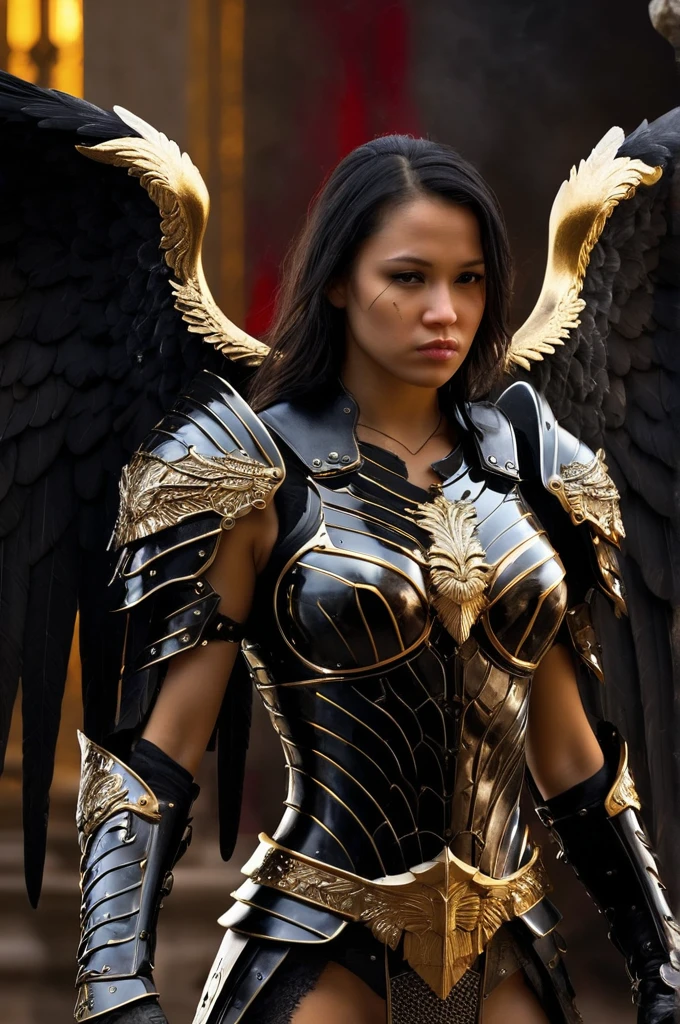 Cinematic scene, hyperdetailed picture of female warrior in black and gold armor with angel wings, horror christian cathedral, nighttime, detailed background, masterpiece, best quality, high quality, highres, absurdres, vivid,absurdres, vivid,
profile, science fiction, cyberpunk,
 flmngprsn, (red background:1.4), perfecteyes, yellow eyes,