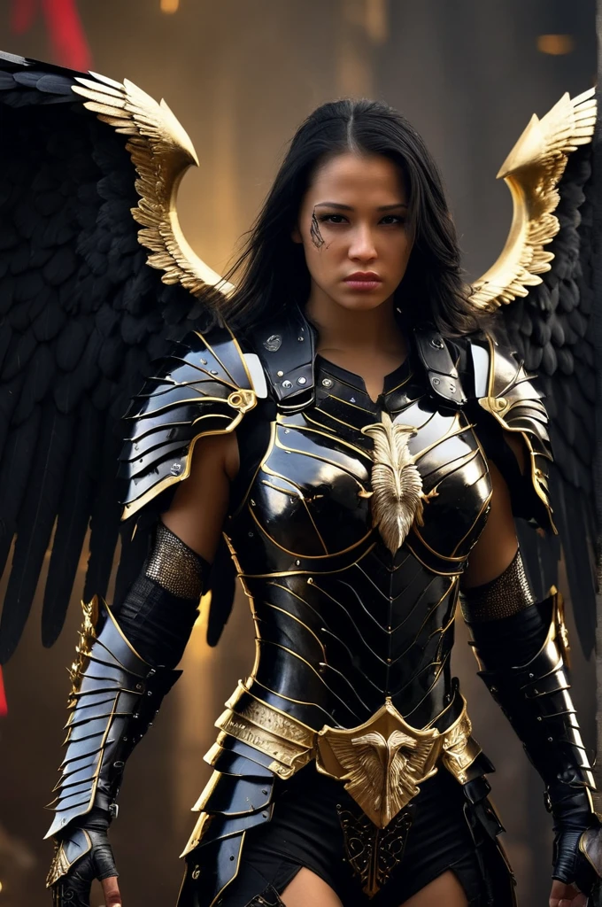 Cinematic scene, hyperdetailed picture of female warrior in black and gold armor with angel wings, horror christian cathedral, nighttime, detailed background, masterpiece, best quality, high quality, highres, absurdres, vivid,absurdres, vivid,
profile, science fiction, cyberpunk,
 flmngprsn, (red background:1.4), perfecteyes, yellow eyes,