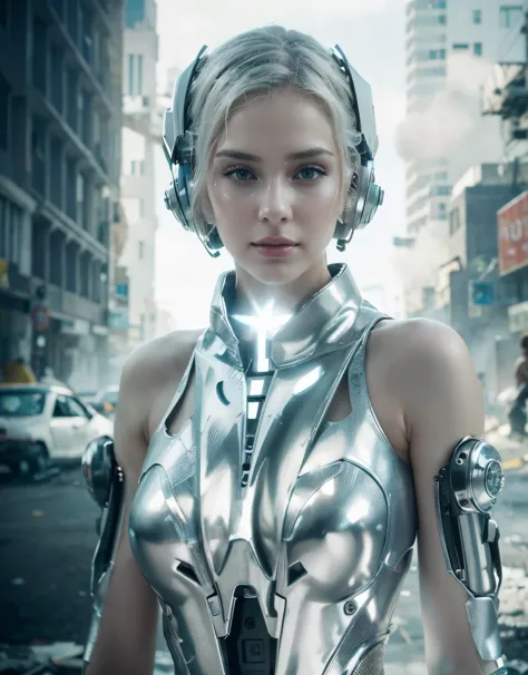 beautiful robotic woman biological face pale white skin light blonde hair hair art deco style film Metropolis metallic silver co...