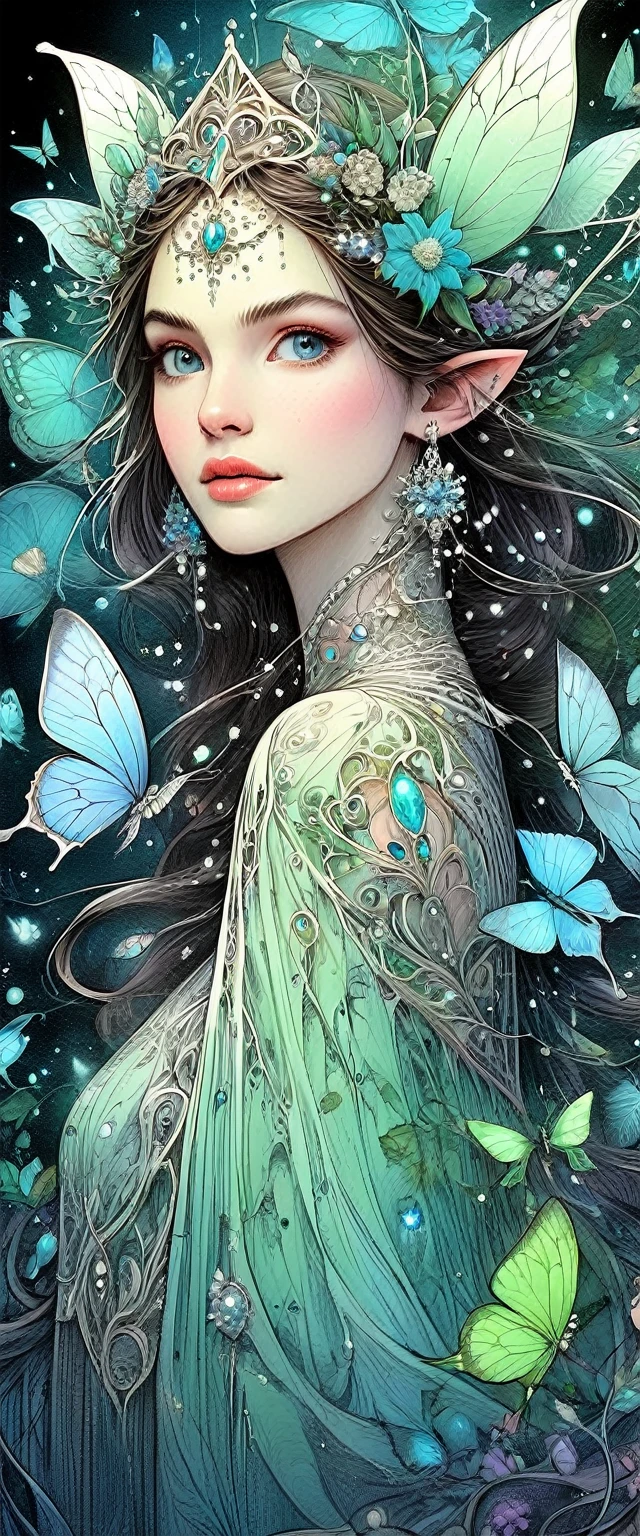 (tangled, datura, fractal, lattice), (surreal fractal art:1.3), (elf princess with beautiful elf ears, mechanical bioluminescent:1.5), (Very detailed, 8k, beautiful epic dramatic scene), (photorealistic, cinematic lighting, dramatic, stunning composition), (awesome colors, Vibrant, bright), (from another world, ethereal, mystic)
