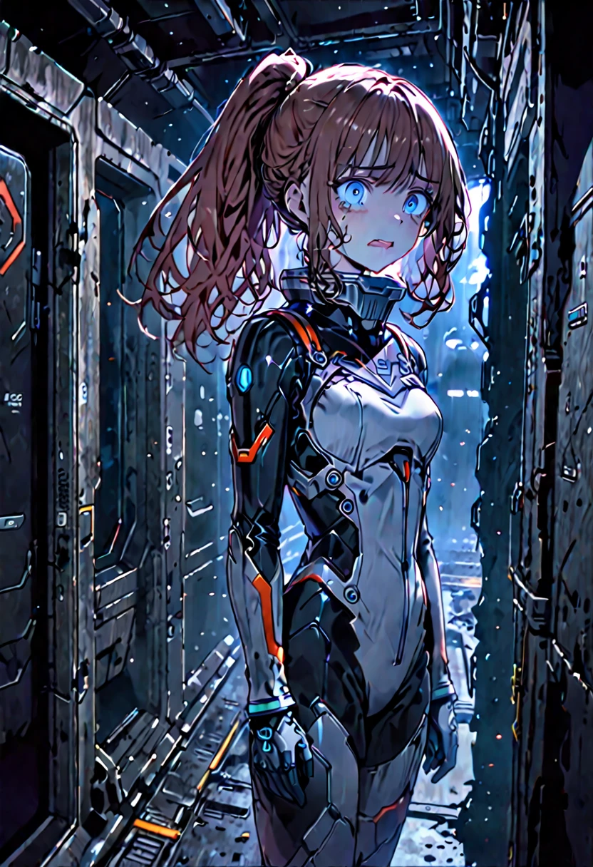 medium shot, solo, female, sfw, abandoned spaceship, space landscape, dark, scary atmosphere, android, long hair, auburn hair, blue eyes, intricate artificial limbs, small breasts, hallway, window, scared, wavy mouth, teary eyes, ponytail, disheveled hair, spacesuit, bulky equipment, bulky suit, worn, helmet