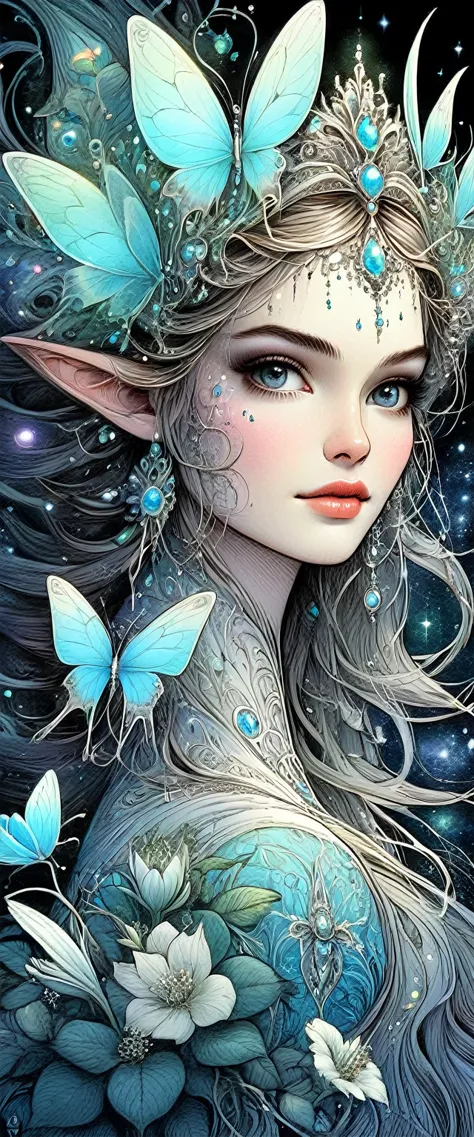 (zentangle, datura, fractal, enrejado), (surreal fractal art:1.3), (princesa elfa con hermosas orejas de elfo, mechanical biolum...