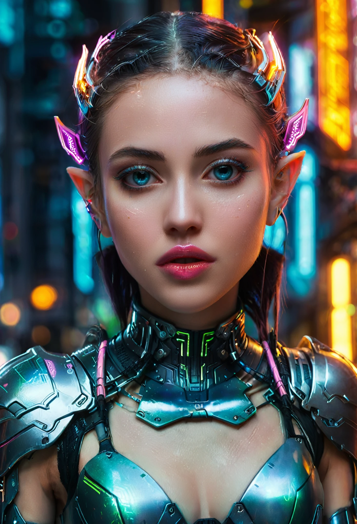 cyberpunk, cyberpunk style, cyberpunk elf,((Ganzkörperaufnahme)), sehr detailliert, 1 Mädchen, Schöne, detaillierte Augen, schöne detaillierte Lippen, extrem detailliertes Gesicht und Gesichtszüge, (Elfenohren), intricate cyberpunk armor, glühend Neon lights, Fortgeschrittene Technologie, futuristisches Stadtbild, dramatische Beleuchtung, Filmkomposition, leuchtende Farben, Neon, glühend, hyperdetailliert, fotorealistisch,