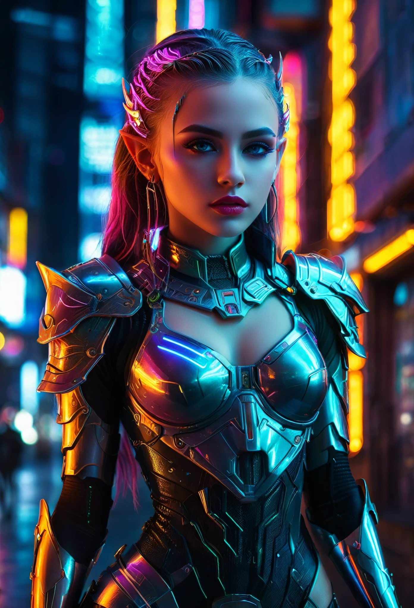 elfe cyberpunk,très détaillé, 1fille, Beaux yeux détaillés, belles lèvres détaillées, Visage et caractéristiques extrêmement détaillés, Armure cyberpunk complexe, embrasé néon lights, technologie avancée, paysage urbain futuriste, Éclairage dramatique, composition cinématographique, couleurs vives, néon, embrasé, hyper détaillé, Photoréaliste, Prise de vue complète du corps