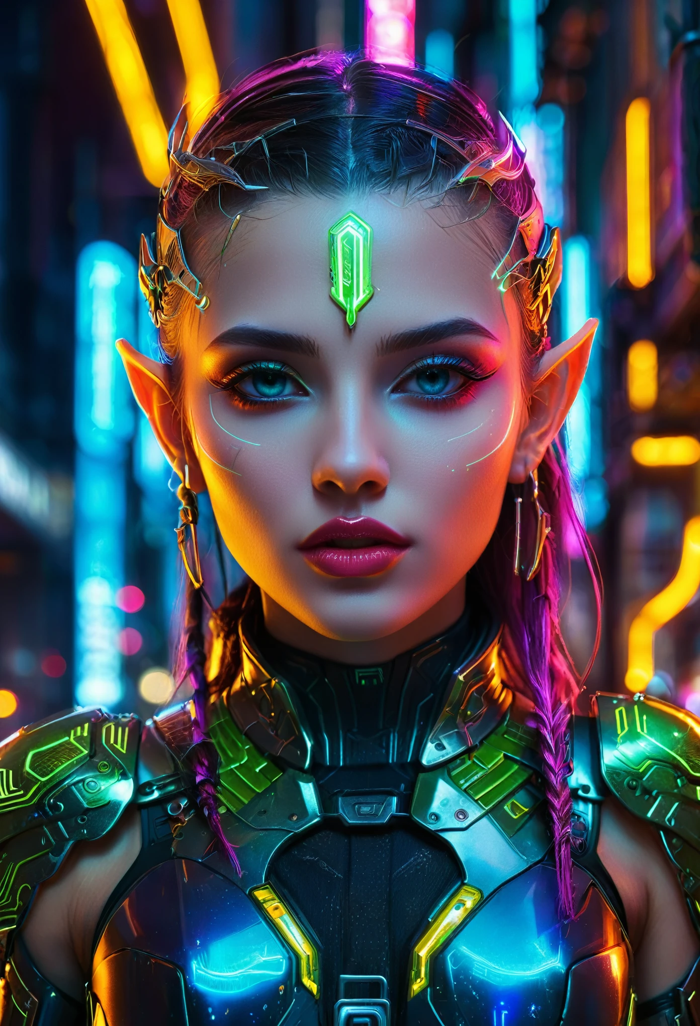 cyberpunk elf,highly detailed, 1girl, beautiful detailed eyes, beautiful detailed lips, extremely detailed face and features, intricate cyberpunk armor, glowing neon lights, advanced technology, futuristic cityscape, dramatic lighting, cinematic composition, vibrant colors, neon, glowing, hyper-detailed, photorealistic