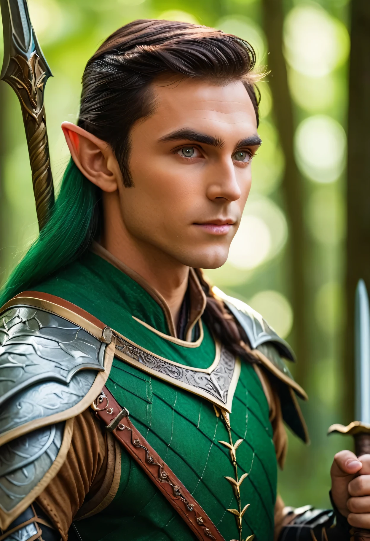 ProFessional photography For an elite magazine, an ElF warrior in gorgeous armor with intricate green painting, an ElF warrior posing with an elF sword in the shade oF Forest trees, an ElF warrior looking at the viewer with slightly narrowed eyes, A Canon EOS R5 camera with a Canon RF lens 100-500 ملم F4.5-7.1 لتر يو اس ام, 500 ملم, 1/500 ثانية., F/7.1 و ايزو 1000.