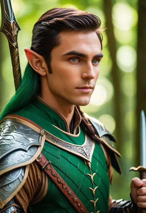 Professional photography for an elite magazine, an Elf warrior in gorgeous armor with intricate green painting, an Elf warrior p...