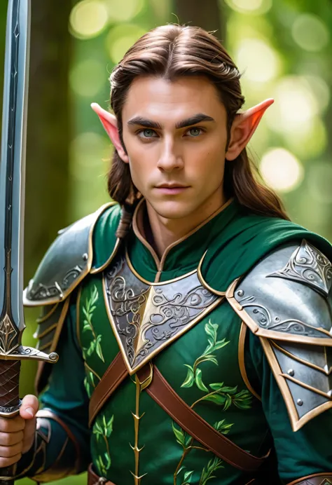 Professional photography for an elite magazine, an Elf warrior in gorgeous armor with intricate green painting, an Elf warrior p...