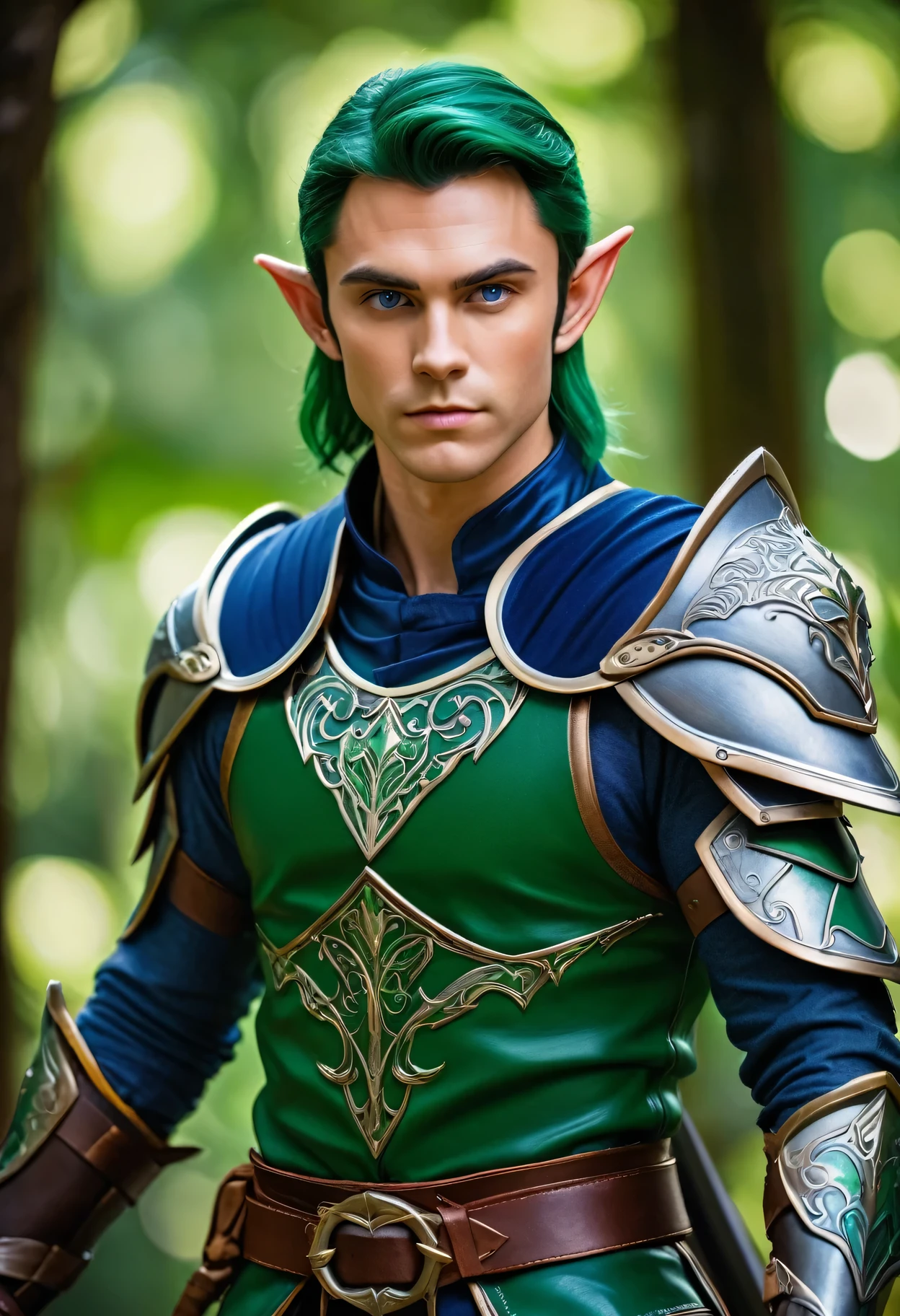 ProFessional photography For an elite magazine, An ElF warrior in gorgeous armor with intricate green painting, An ElF warrior posing, an elF blade made oF blue steel in his hand, an ElF warrior looking at the viewer, Full pose, Full body, swordsman's Fighting stance, 微微眯起眼睛, 佳能 EOS R5 相机搭配佳能 RF 100-500 镜头 mm F4.5-7.1L 是 USM, 500 毫米, 1/500 秒., F/7.1 和 ISO 1000.