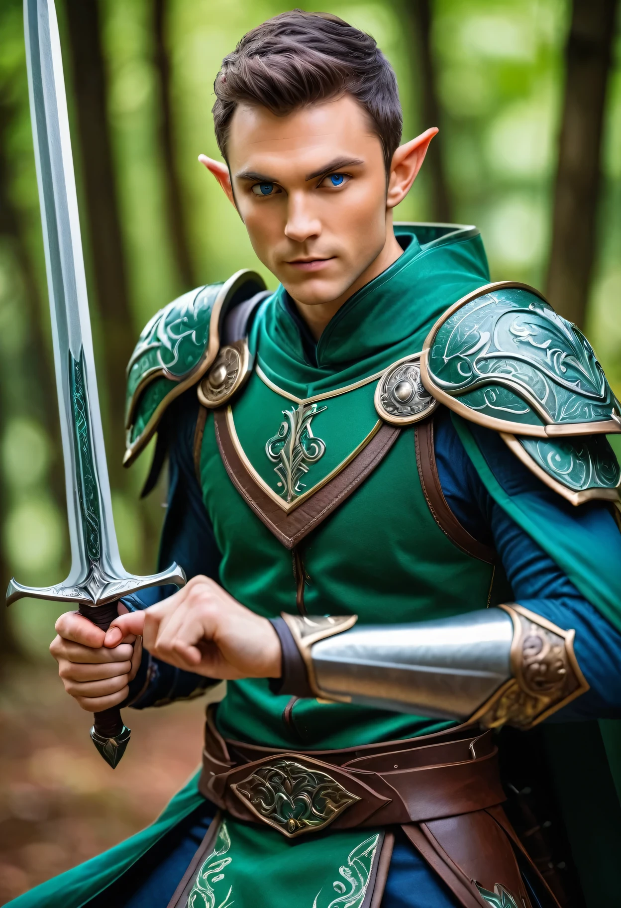 ProFessional photography For an elite magazine, An ElF warrior in gorgeous armor with intricate green painting, An ElF warrior posing, an elF blade made oF blue steel in his hand, an ElF warrior looking at the viewer, Full pose, Full body, swordsman's Fighting stance, yeux légèrement plissés, Appareil photo Canon EOS R5 avec objectif Canon RF 100-500 mm F4.5-7.1L EST USM, 500 millimètres, 1/500 s., F/7.1 et ISO 1000.