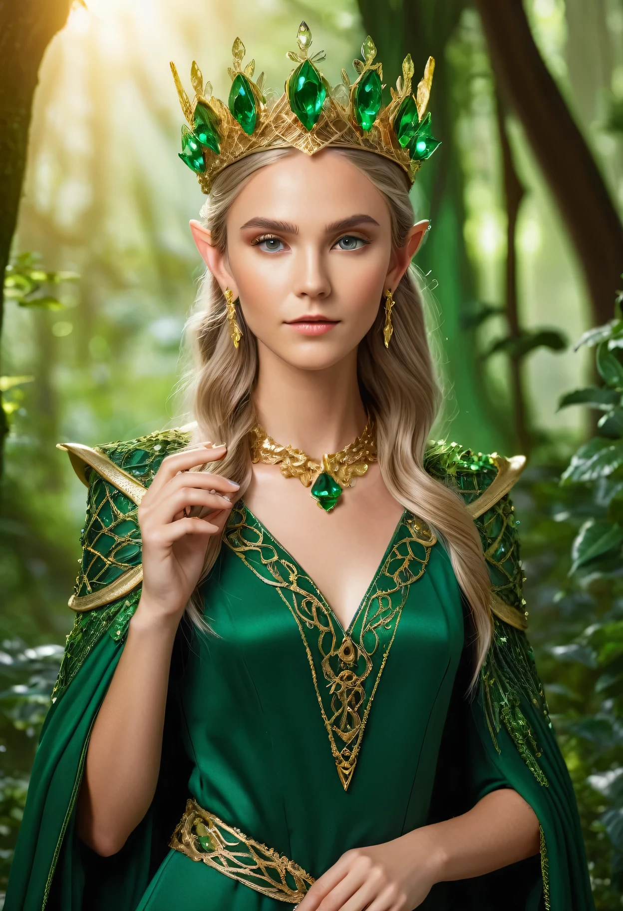 ProFessional photography For an elite magazine, the ElF Queen in chic Forest elF clothes with intricate green painting, on her head an elegant crown made oF an intricate weave oF golden threads, the ElF Queen poses, in her hand a crystal crystal glowing green From inside, the ElF Queen looks at the viewer, Full pose, Full body, worthy pose oF a queen, 眨眼, 相机佳能 EOS R5 搭配佳能 RF 镜头 100-500mm F4.5-7.1L 是 USM, 500 毫米, 1/500 秒., F/7.1 和 ISO 1000.