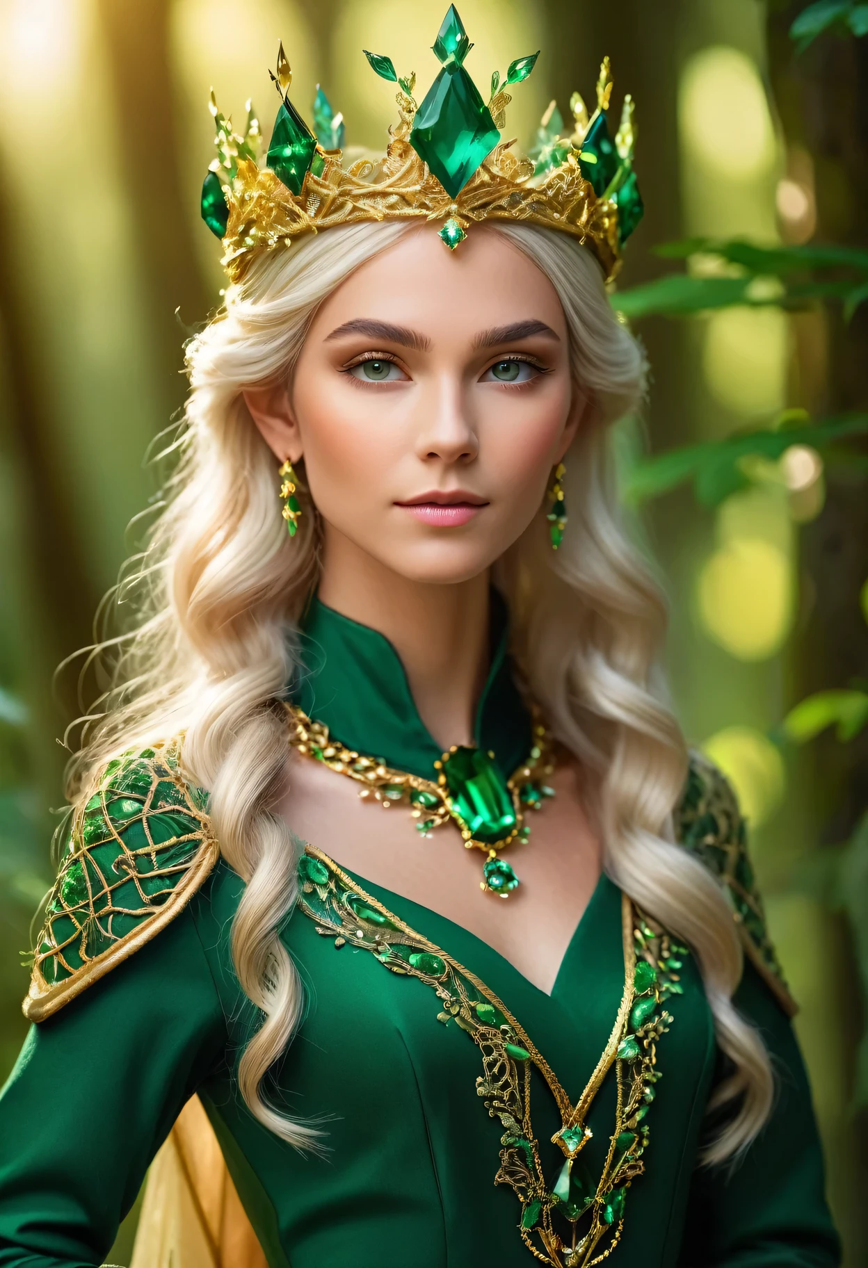 ProFessional photography For an elite magazine, the ElF Queen in chic Forest elF clothes with intricate green painting, on her head an elegant crown made oF an intricate weave oF golden threads, the ElF Queen poses, in her hand a crystal crystal glowing green From inside, the ElF Queen looks at the viewer, Full pose, Full body, worthy pose oF a queen, clins d&#39;œil, Appareil photo Canon EOS R5 avec objectif Canon RF 100-500 mm F4.5-7.1L EST USM, 500 millimètres, 1/500 s., F/7.1 et ISO 1000.