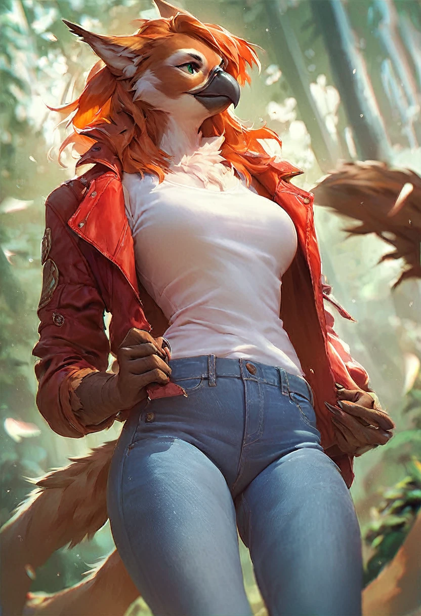 score_9, score_8_up, score_7_up, score_6_up, score_5_up, score_4_up, (solo), female anthro gryphon, solo, forest, modern outfit, red jacket, white shirt, jeans, orange hair, brown fur, green eyes, 