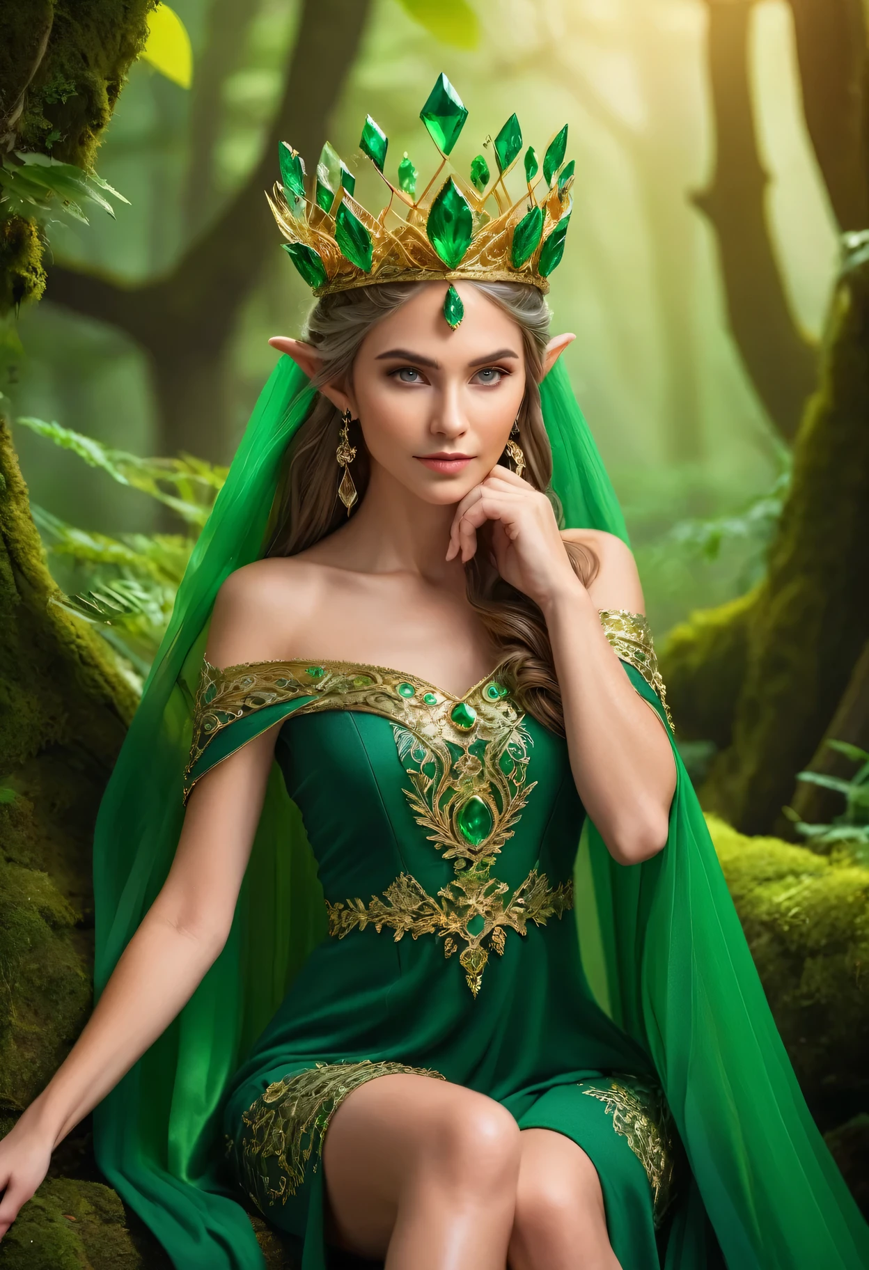 Professional photography for an elite magazine, the Elf Queen in chic forest elf clothes with intricate green paintings, a magnificent dress, on her head an elegant crown of intricate interweaving of golden threads, the Elf Queen poses, in her hand a crystal crystal glowing green from inside, shod in soft expensive boots, the Elf Queen looks at the viewer, full pose, full the body, a worthy pose of a queen, winks, Canon EOS R5 camera with Canon RF lens 100-500 mm F4.5-7.1L IS USM, 500 mm, 1/500 sec., f/7.1 and ISO 1000.