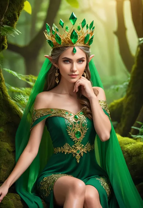 Professional photography for an elite magazine, the Elf Queen in chic forest elf clothes with intricate green paintings, a magni...