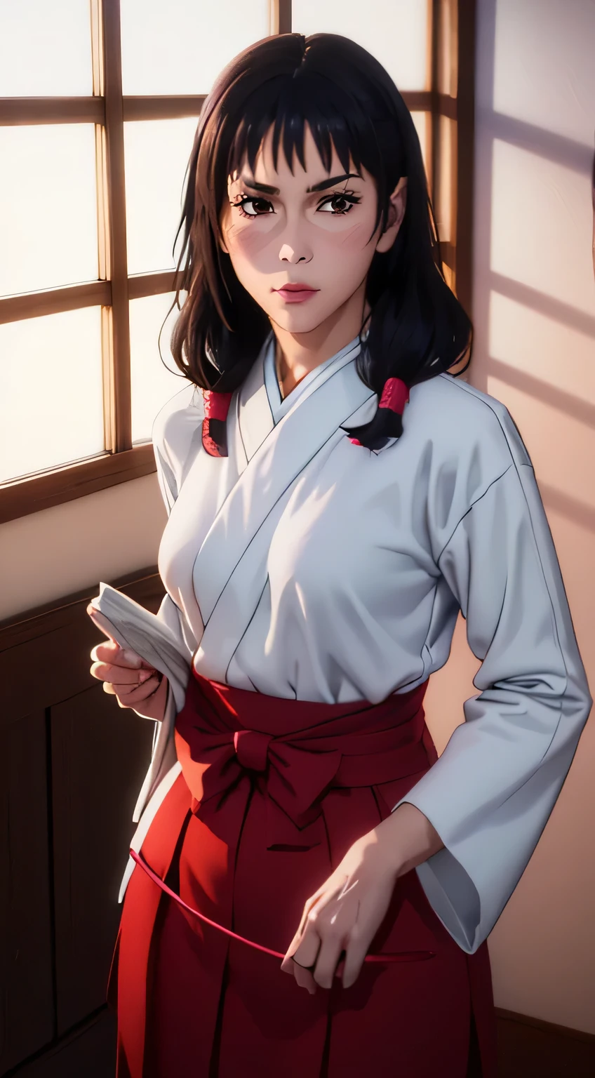 (best quality:1.3), (4k quality),(sharp image), Utahime, ((Detailed face)), ((masterpiece face)),((perfect detailed eyes)) (blush), Utahime, dark hair, long dark tied hair, brown eyes, pink lips, pink lips, sly face, face with stern features, ((detailed face)), perfect face, highly detailed eyes, masterpiece, absurdres , (intricate details), (colorful),cinematic lighting, extremely detailed CG unity 8k wallpaper , 1girl, solo, mature female, erected tits, fit body, cameltoe, white kimono with long red skirt, (tricky glance, wicked smile), living room, ((perfect small erected breast)), standing in seductive pose and showing her nude tits