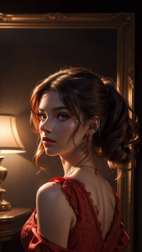 una hermosa chica con un vestido rojo, cara detallada, Pestañas largas, rasgos faciales delicados, (mejor calidad,4k,8K,alta resolución,obra maestra:1.2),ultra detallado,(Realista,photoRealista,photo-Realista:1.37),iluminación dramática,gradación de colores cálidos,cinematográfico,atmósfera de mal humor,sombras dramáticas,detalles intrincados,elegant pose,Movimiento elegante,impresionante retrato