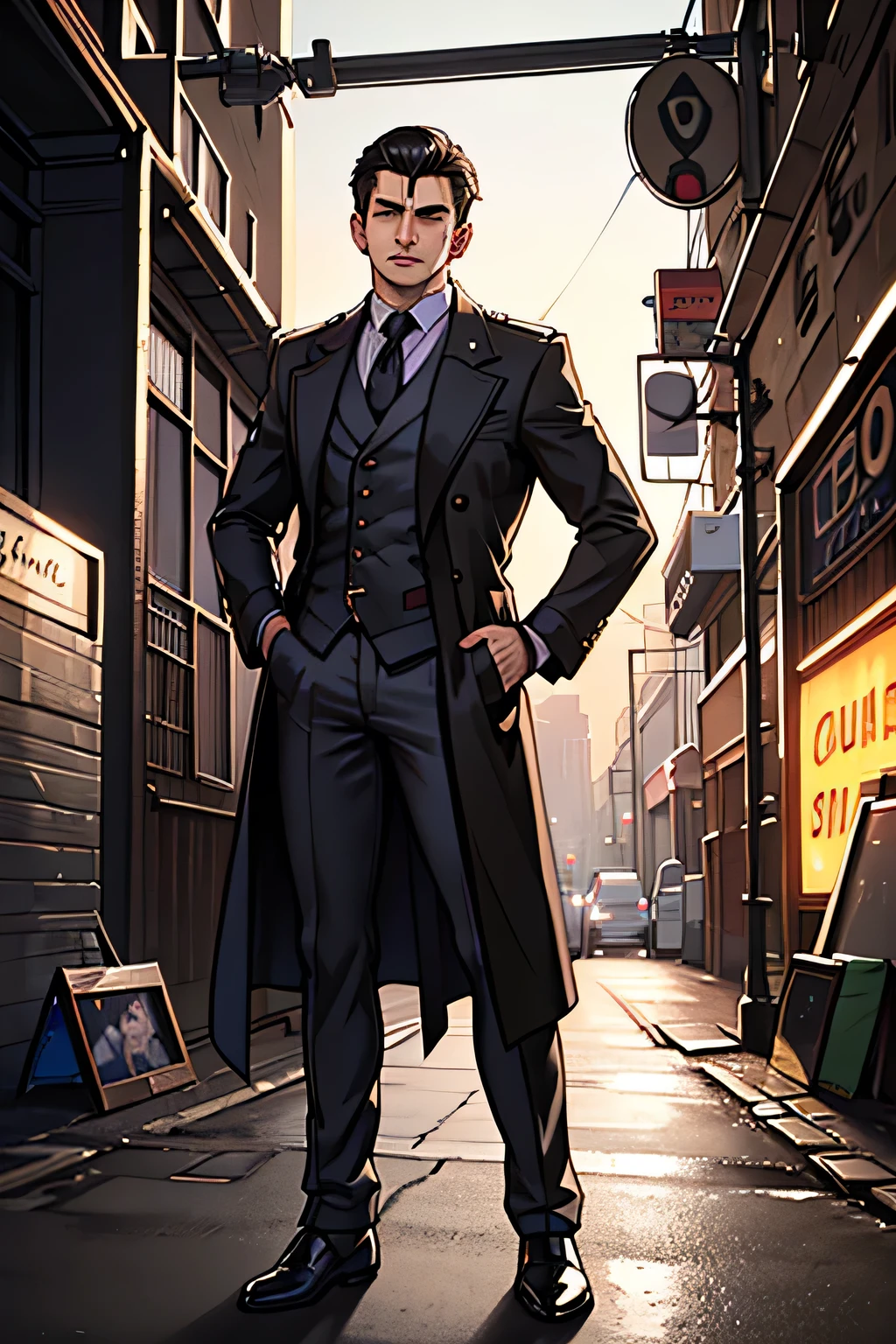 a 22 year old italian man with deep eyes and olive skin, short hair or side-parted hairstyle, wearing a black mafia suit, trenchcoat, tie and cufflinks, leather gloves, holster, standing confidently with one hand in pocket, alert gaze, on a 20th century chicago street with vintage buildings and neon lights, at a pawnshop at night, dramatic lighting, (best quality,4k,8k,highres,masterpiece:1.2),ultra-detailed,(realistic,photorealistic,photo-realistic:1.37),chiaroscuro lighting,dramatic shadows,cinematic composition,ultra-fine details,vivid colors