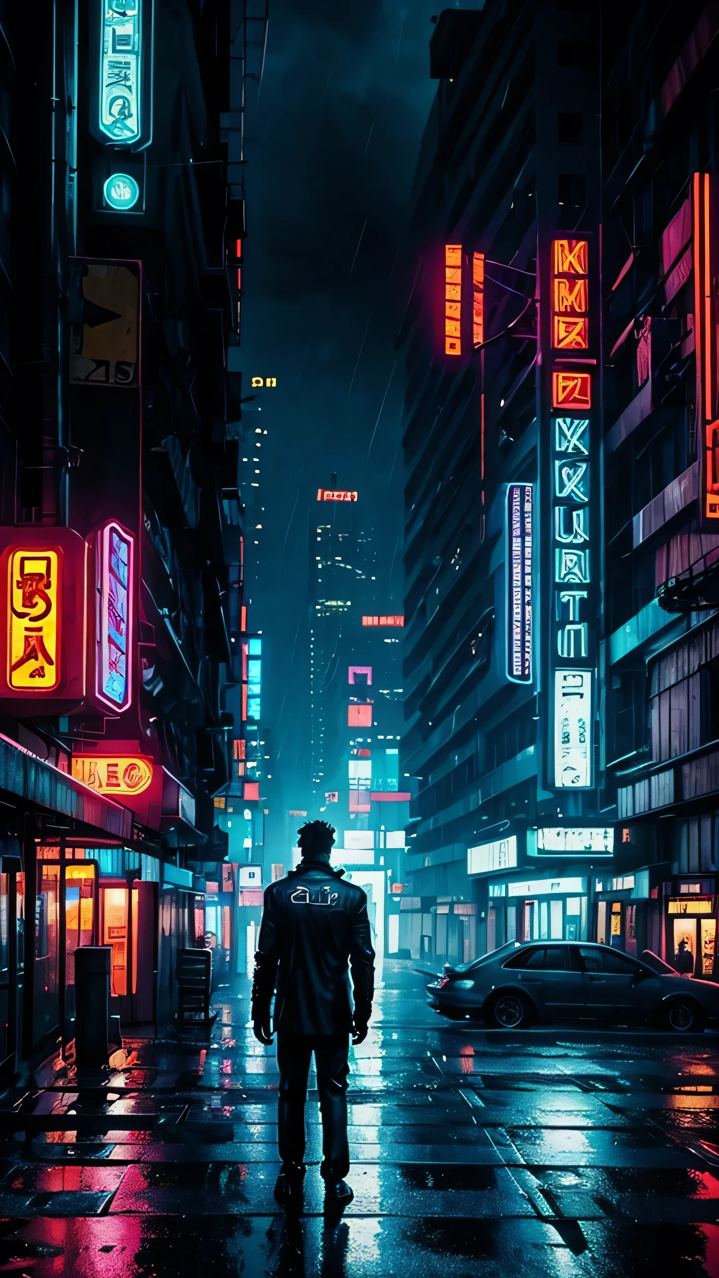 a realistic  cyberpunk man in the rain. neon lights on the background. Melancholic photo