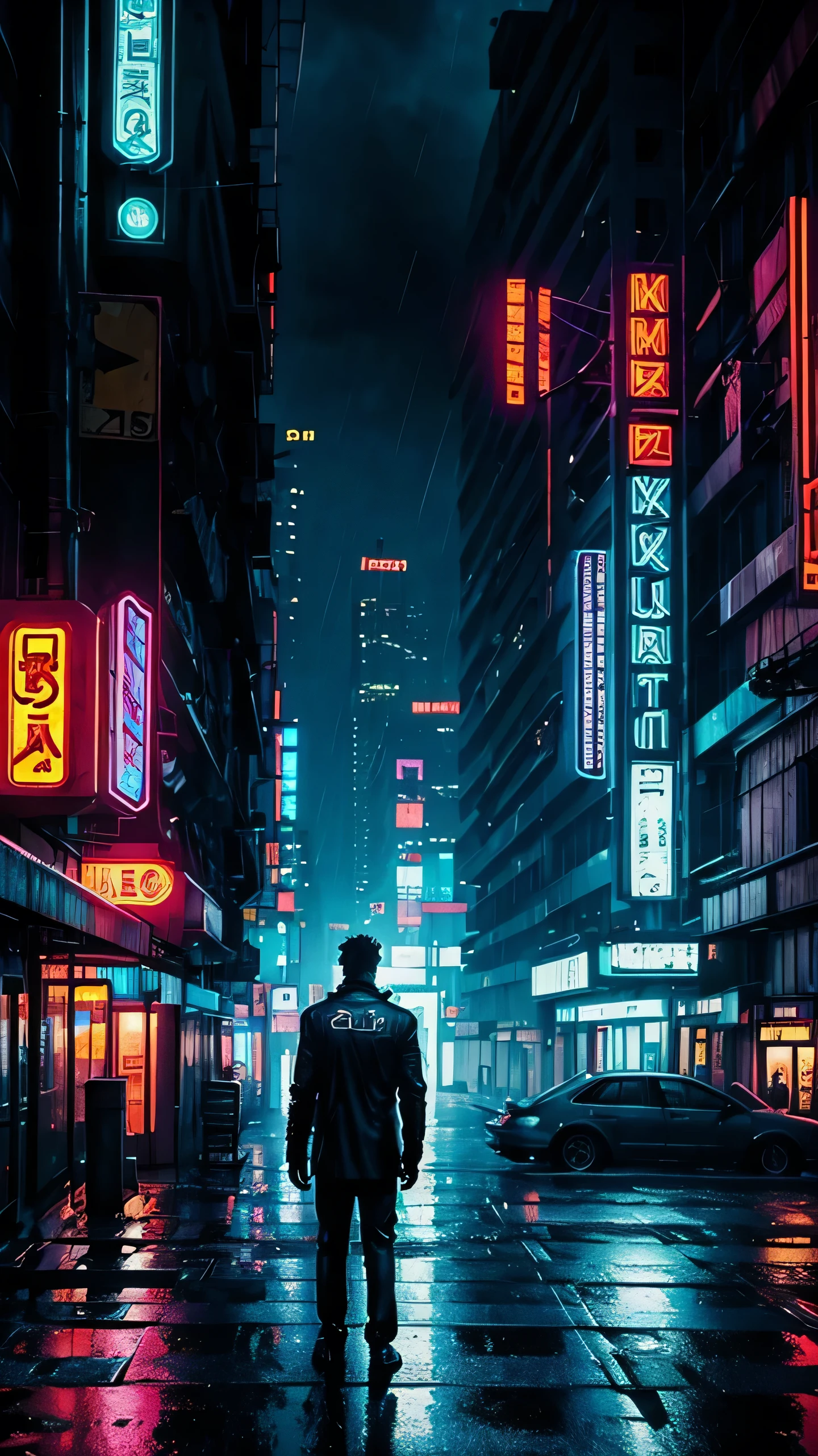 a realistic lonely cyberpunk man in the rain. neon lights on the background. Melancholic photo