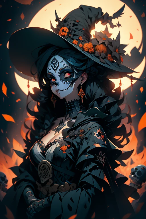 Mulher de caveira com uma fantasia de Halloween segurando uma tigela de doces, arte de fantasia de terror, arte colorida assustadora em 4k,