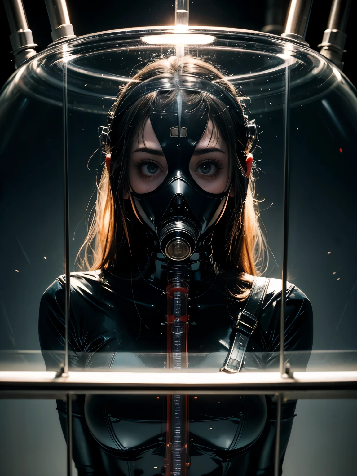 masterpiece, best quality, movie still, 1girl with a full Latex Face Mask, scientific experiment, (close-up:0.8), oxygen tubes, blood tubes, glass bulbes, soft lighting, bizzare, (Bauhaus architecture:1.0)