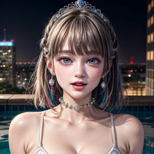 (masterpiece:1.2) of professional Analog Hi-Res photo, (realistic and photorealistic with touch of rawness:1.37), a close-up portrait of (a princess wearing white thongs), Infinity pool on the roof of Skyscraper, Dusk Sky with afterglow, intricate lighting effects with light particles, (many colorful lights dazzling bokeh), Traffic lights, enjoying summer festival, { Childish | Gigantic Cleavage } . BREAK (((NOGIZAKA)))  Extremely Detailed very KAWAII face variation, perfect anatomy, captivating gaze, elaborate detailed Eyes with (sparkling highlights:1.2), long eyelashes、Glossy RED Lips with beautiful details, Coquettish tongue, Rosy cheeks . (Dynamic joyful expressions), { pleasure in agony | Ecstasy | :D | screaming | Perplexed }, Mystic sight . hair and eye color is same color, { Red leather high collar | Red ribbon | Tiny Coronet | Pearl piece | half updo | short bob }, from diagonally angle .