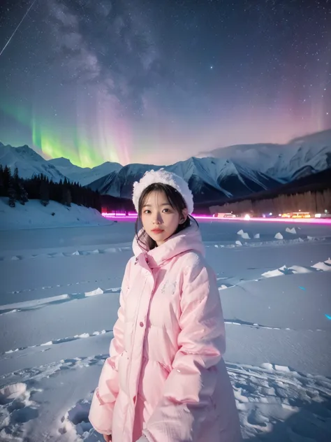 Pink aurora in white snow, snow mountain,river,snowstorm,colorful stars twinkling, Unreal Engine, 8K HD, HD. --ar 9:16  , 1girl