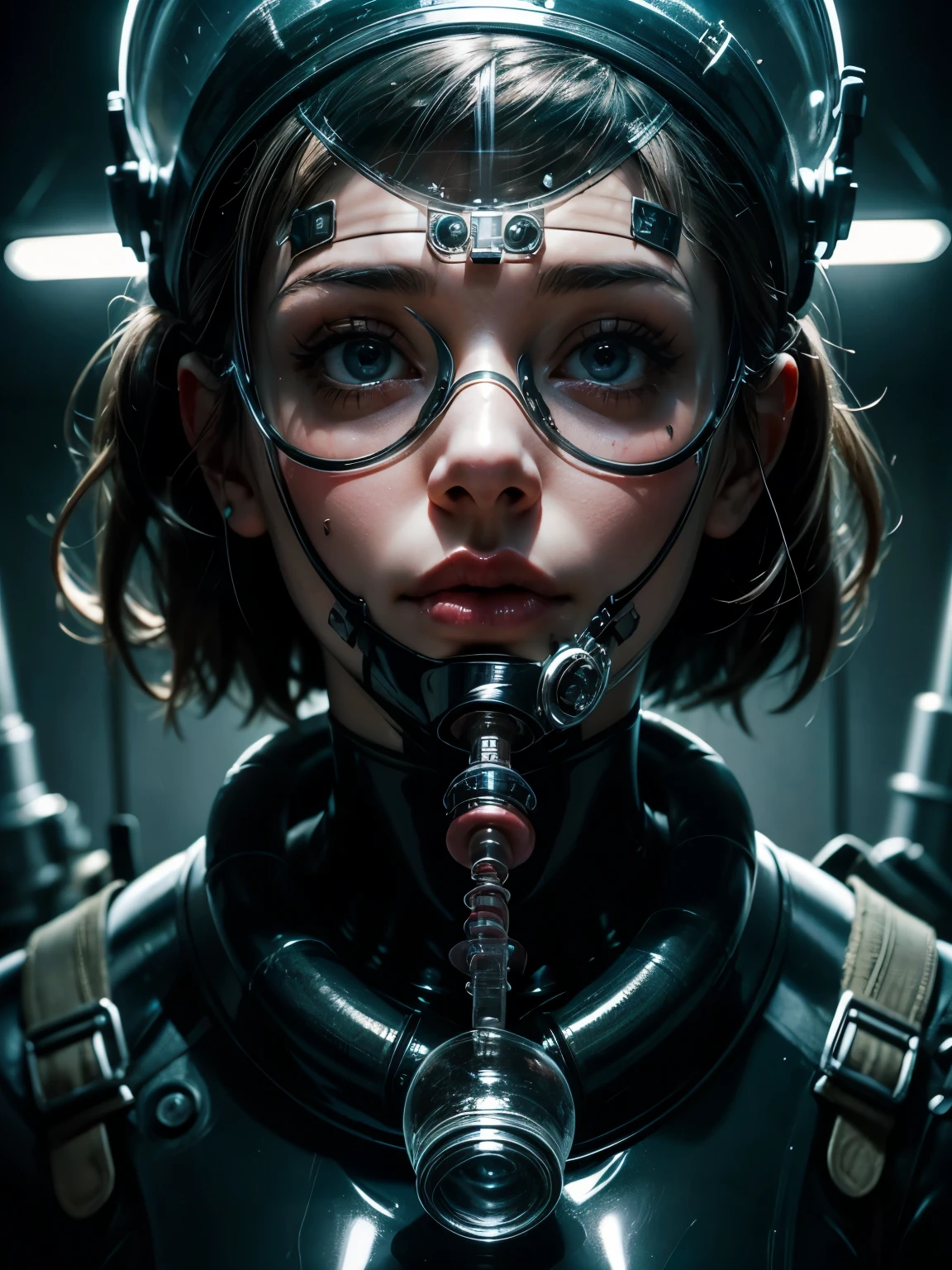 masterpiece, best quality, movie still, 1girl with a full Latex Face Mask under surgery, scientific experiment, (close-up:1.1), oxygen tubes, blood tubes, glass bulbes, soft lighting, bizzare, (Bauhaus architecture:1.0)