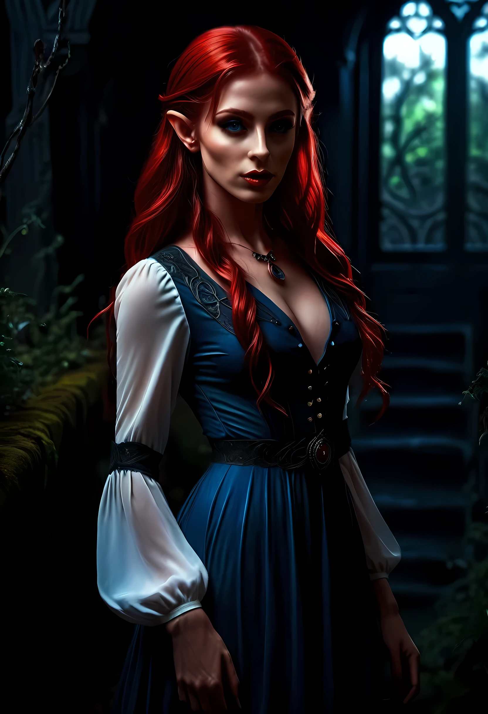 high details, best quality, 16k, [ultra detailed], masterpiece, best quality, (extremely detailed), full body, ultra wide shot, photorealistic, fantasy noir art, a beautiful female (elf: 1.4), mysterious. dark noir film, glam photoshoot, she has (red: 1.3) hair, long hair, (blue: 1.4) eyes, she wears (white: 1.3) buttons shirt, dynamic color dress, intricate detailed dress, she is has magical aura, , high details, best quality, highres, ultra wide angle, GlowingRunesAI_red