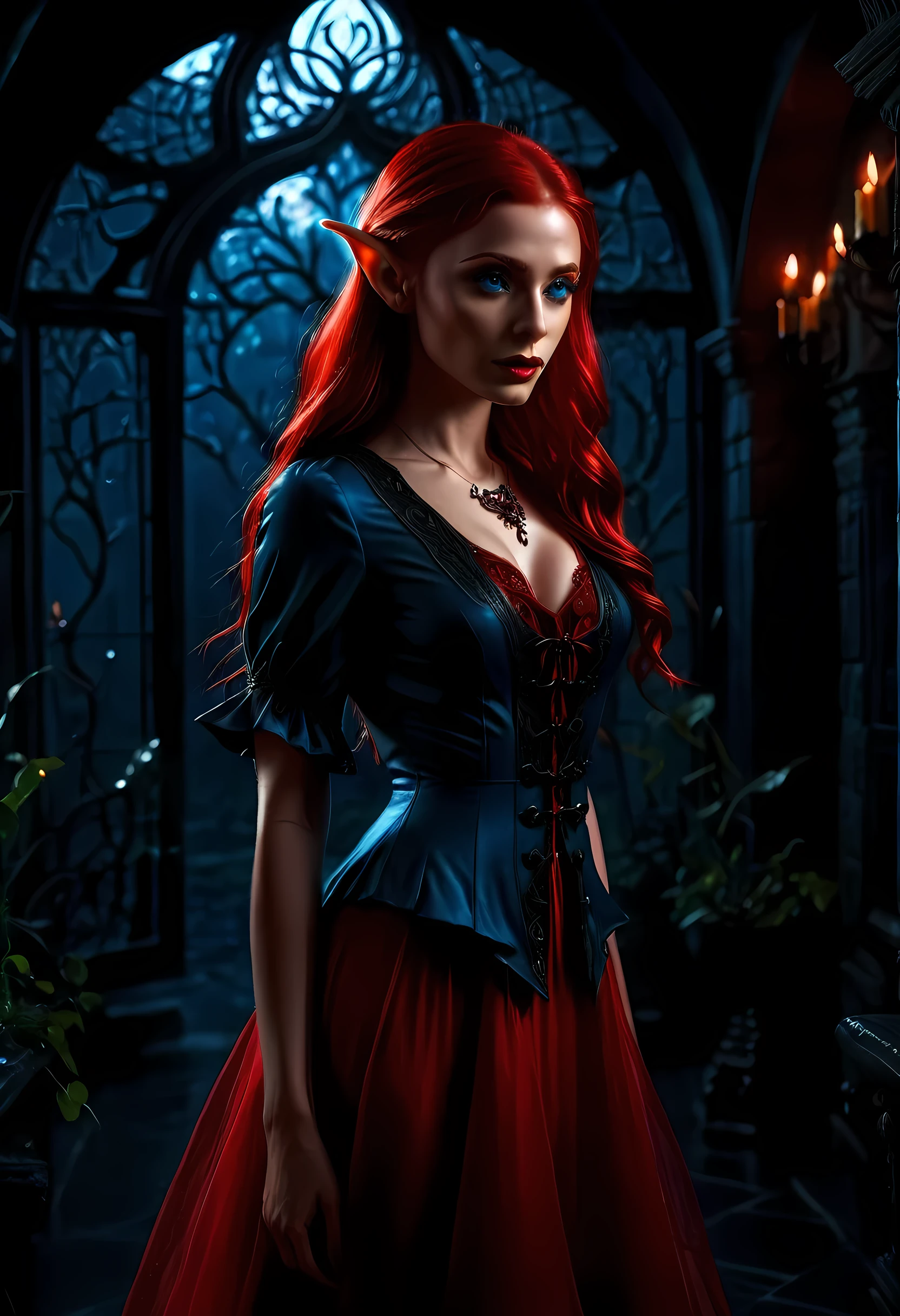 high details, best quality, 16k, [ultra detailed], masterpiece, best quality, (extremely detailed), full body, ultra wide shot, photorealistic, fantasy noir art, a beautiful female (elf: 1.4), mysterious. dark noir film, glam photoshoot, she has (red: 1.3) hair, long hair, (blue: 1.4) eyes, she wears (white: 1.3) buttons shirt, dynamic color dress, intricate detailed dress, she is has magical aura, , high details, best quality, highres, ultra wide angle, GlowingRunesAI_red