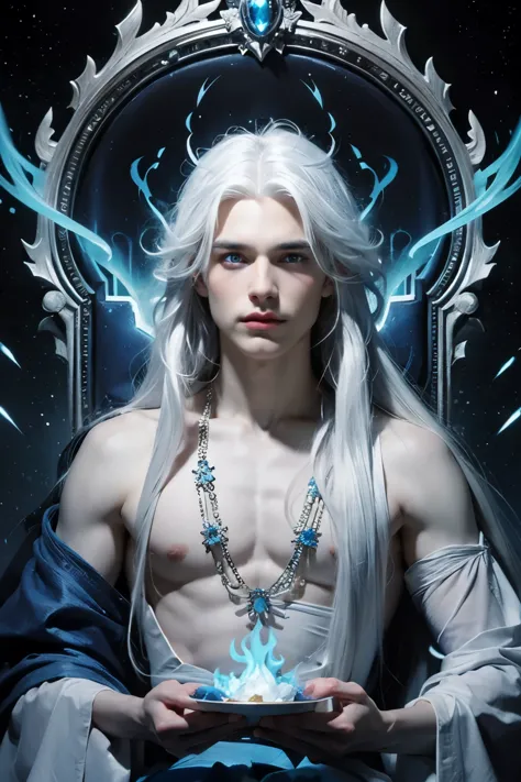 young man, very handsome, long white hair, blue eyes, wearing a blue tunic, blue fire flames, blue fire in the background of the...