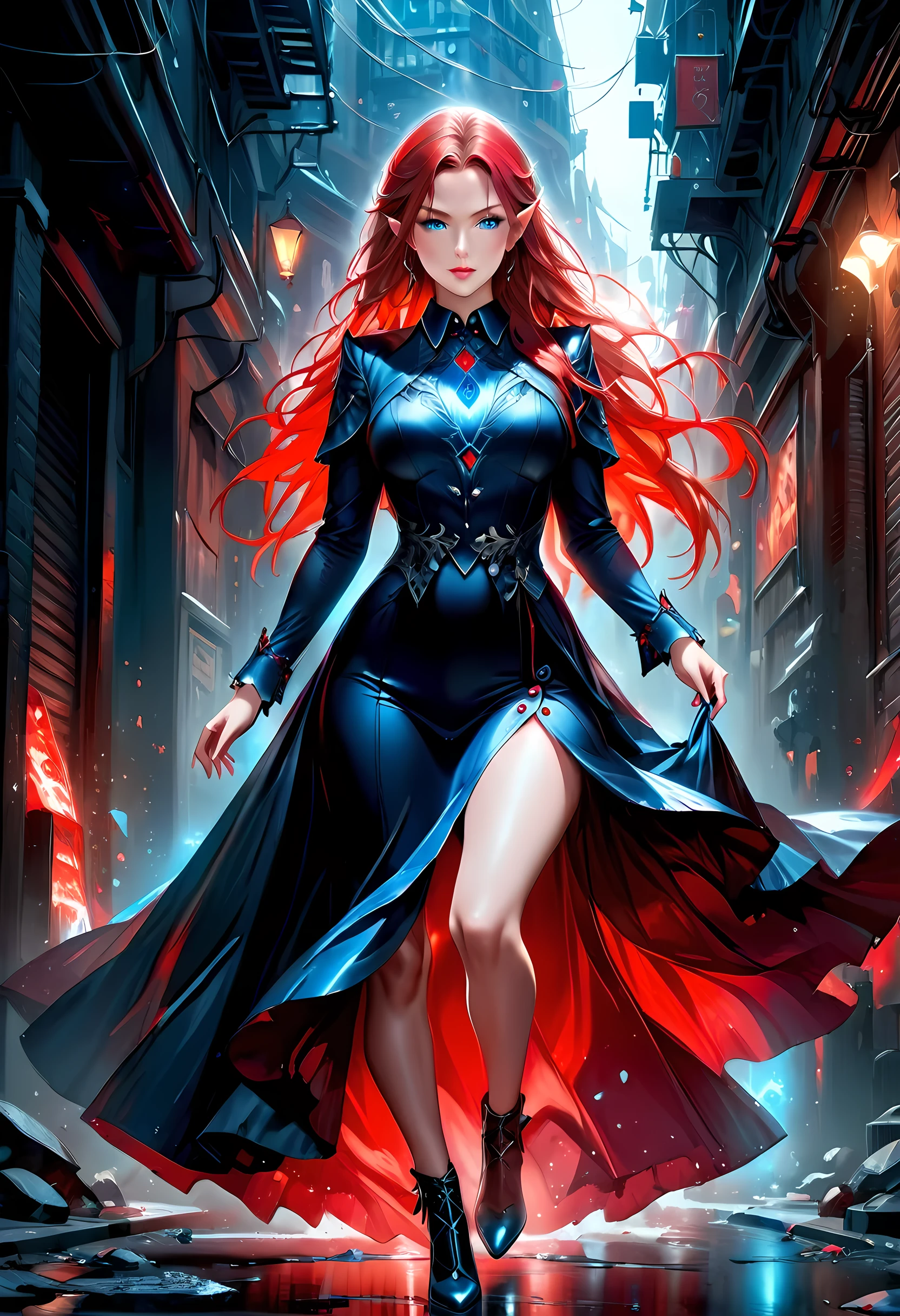 high details, best quality, 16k, [ultra detailed], masterpiece, best quality, (extremely detailed), full body, ultra wide shot, photorealistic, fantasy noir art, a beautiful female elf, mysterious. dark noir film, glam photoshoot, she has (red: 1.3) hair, long hair, (blue: 1.4) eyes, she wears (white: 1.3)  buttons shirt, dynamic color dress, intricate detailed dress,  she is has magical aura,  dark alley in an modern urban setting, high details, best quality, highres, ultra wide angle, GlowingRunesAI_red, 