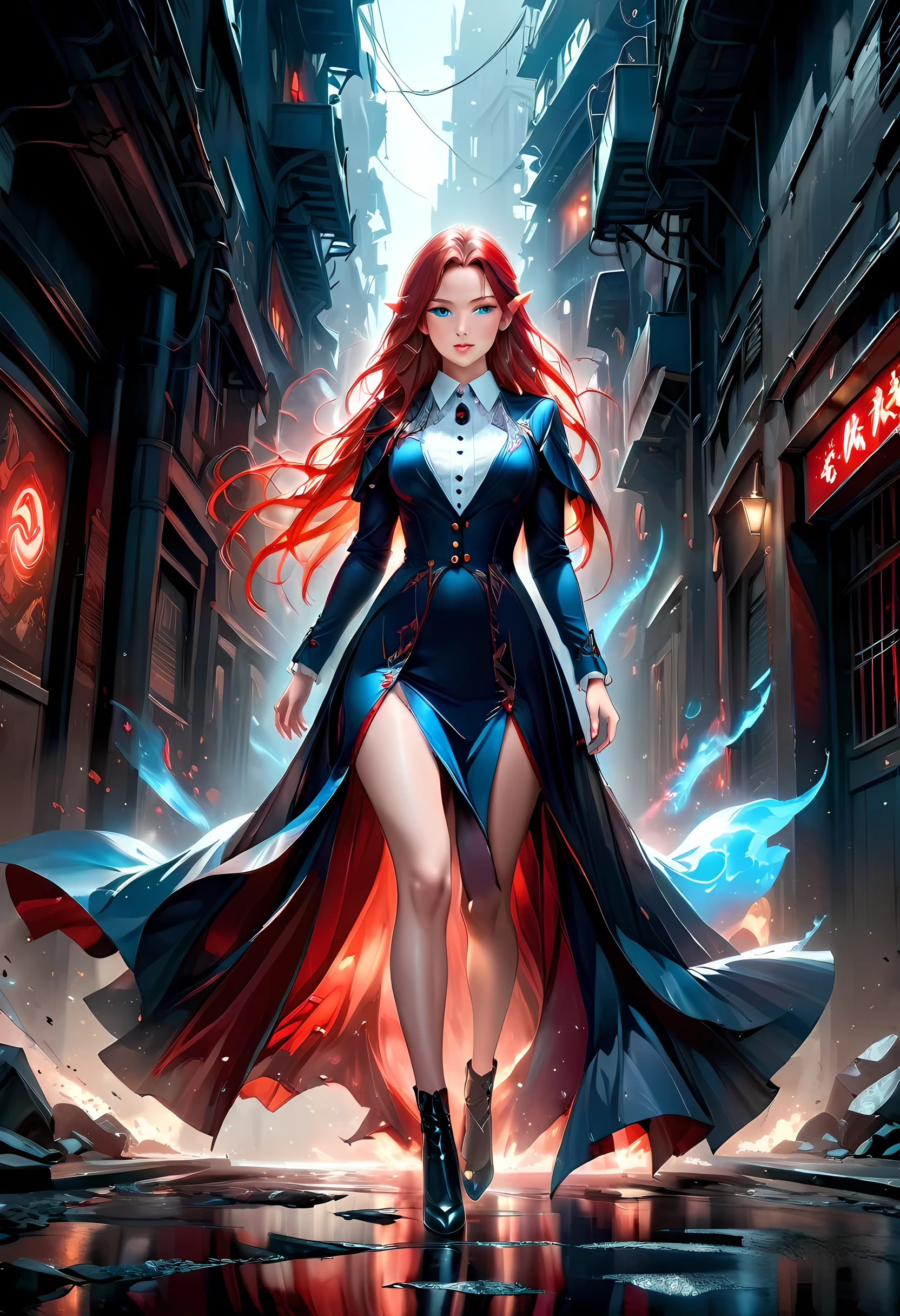 high details, best quality, 16k, [ultra detailed], masterpiece, best quality, (extremely detailed), full body, ultra wide shot, photorealistic, fantasy noir art, a beautiful female elf, mysterious. dark noir film, glam photoshoot, she has (red: 1.3) hair, long hair, (blue: 1.4) eyes, she wears (white: 1.3)  buttons shirt, dynamic color dress, intricate detailed dress,  she is has magical aura,  dark alley in an modern urban setting, high details, best quality, highres, ultra wide angle, GlowingRunesAI_red, 